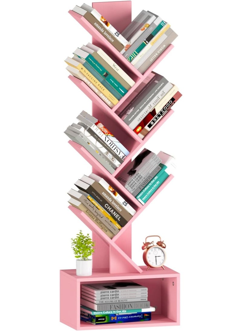 Yoobure Tree Bookshelf - 6 Shelf Retro Floor Standing Bookcase, Tall Wood Book Storage Rack for CDs/Movies/Books, Utility Book Organizer Shelves for Bedroom, Living Room, Home Office Pink - Image 1